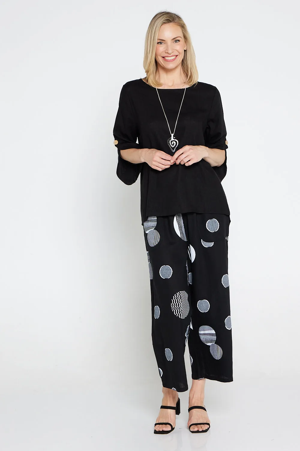 Aiko Linen Pants - Black Circle Print