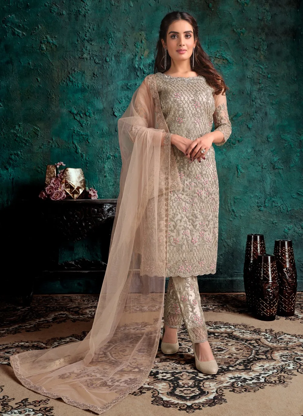 Attractive Beige Net Designer Fancy Pakistani Style Suit