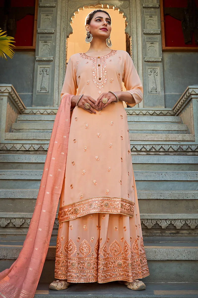 Beautiful Light Peach Georgette Festive Designer Sharara Suit