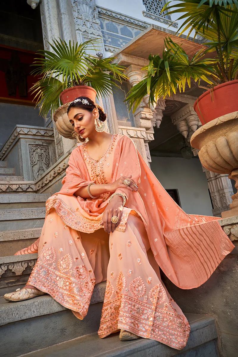 Beautiful Light Peach Georgette Festive Designer Sharara Suit