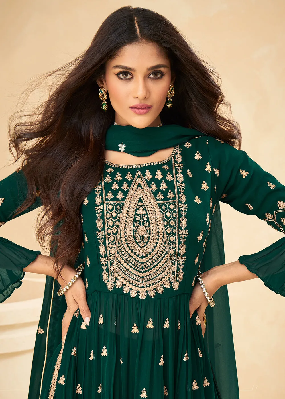 Beautifully Embroidered Dark Green Festive Palazzo Suit