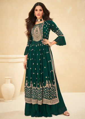 Beautifully Embroidered Dark Green Festive Palazzo Suit