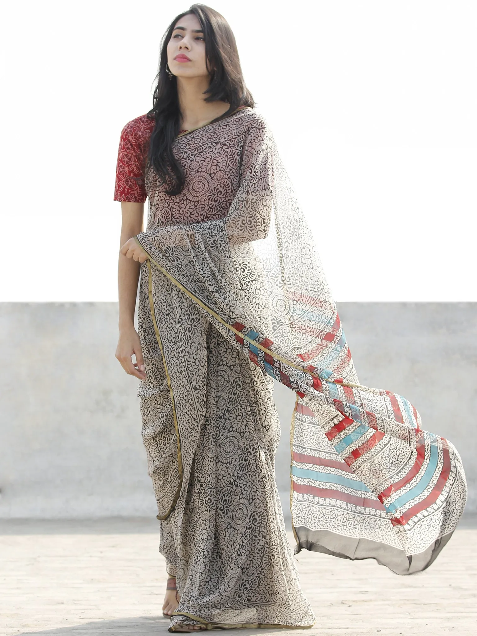 Beige Black Hand Block Printed Chiffon Saree with zari border- S031702658