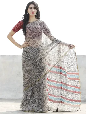 Beige Black Hand Block Printed Chiffon Saree with zari border- S031702658