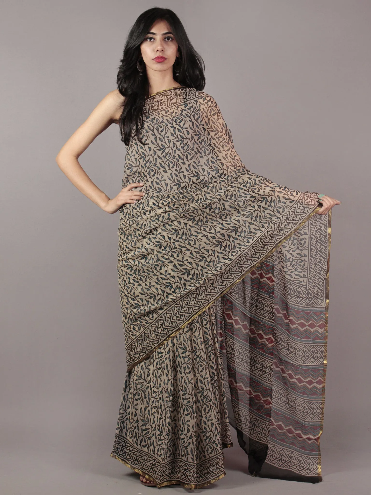 Beige Blue Black Red Hand Block Printed Chiffon Saree - S031701853