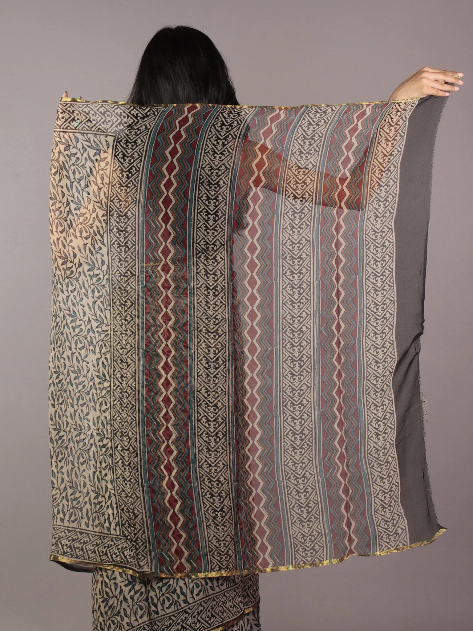 Beige Blue Black Red Hand Block Printed Chiffon Saree - S031701853