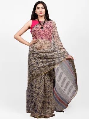 Beige Indigo Red Hand Block Printed Chiffon Saree with Zari Border - S031703234