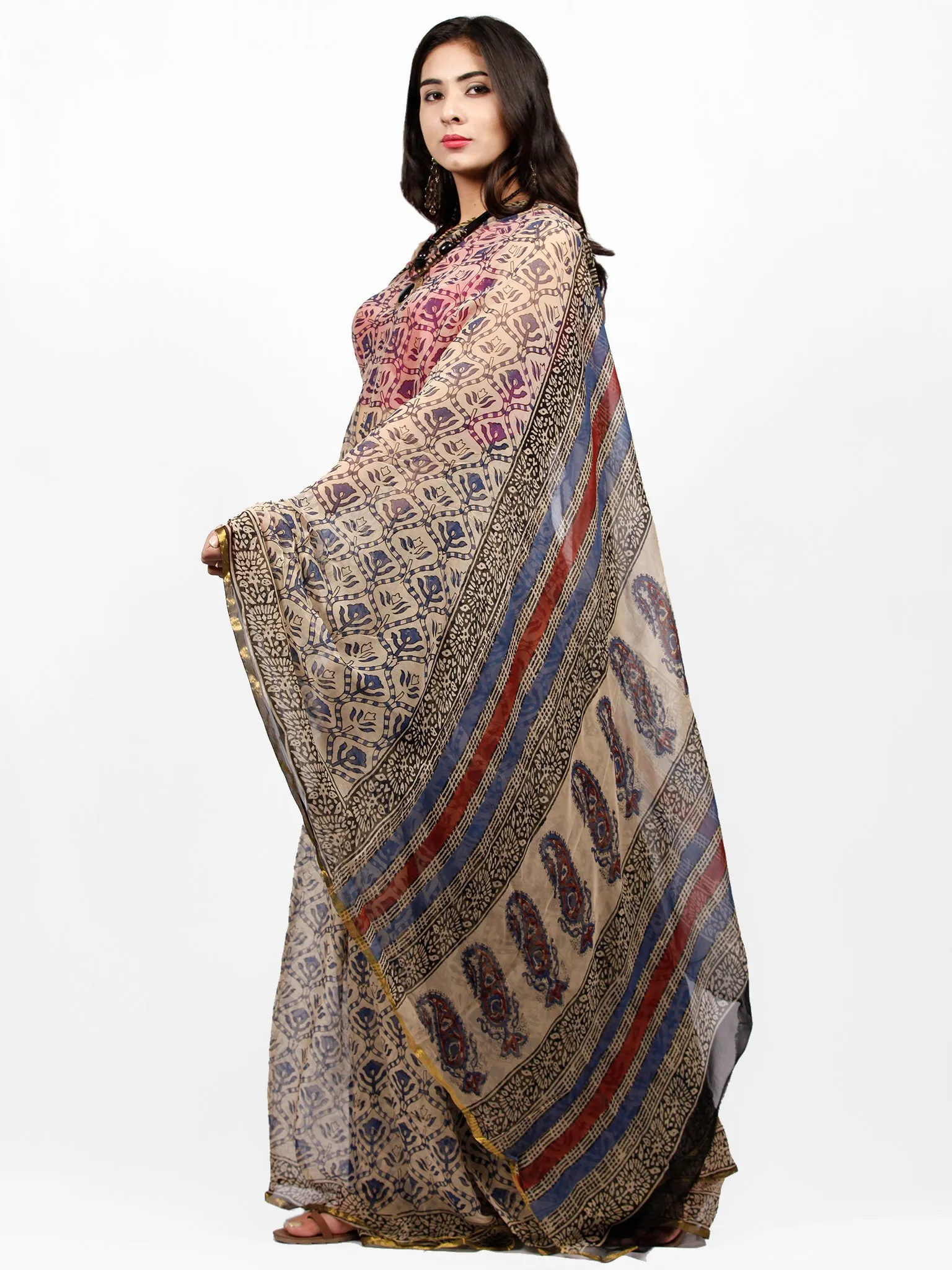 Beige Indigo Red Hand Block Printed Chiffon Saree with Zari Border - S031703234