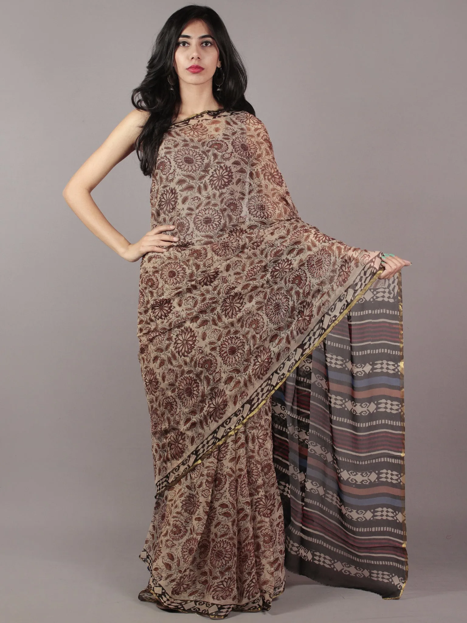 Beige Maroon Brown Black Hand Block Printed Chiffon Saree - S031701820