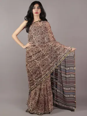 Beige Maroon Brown Black Hand Block Printed Chiffon Saree - S031701820