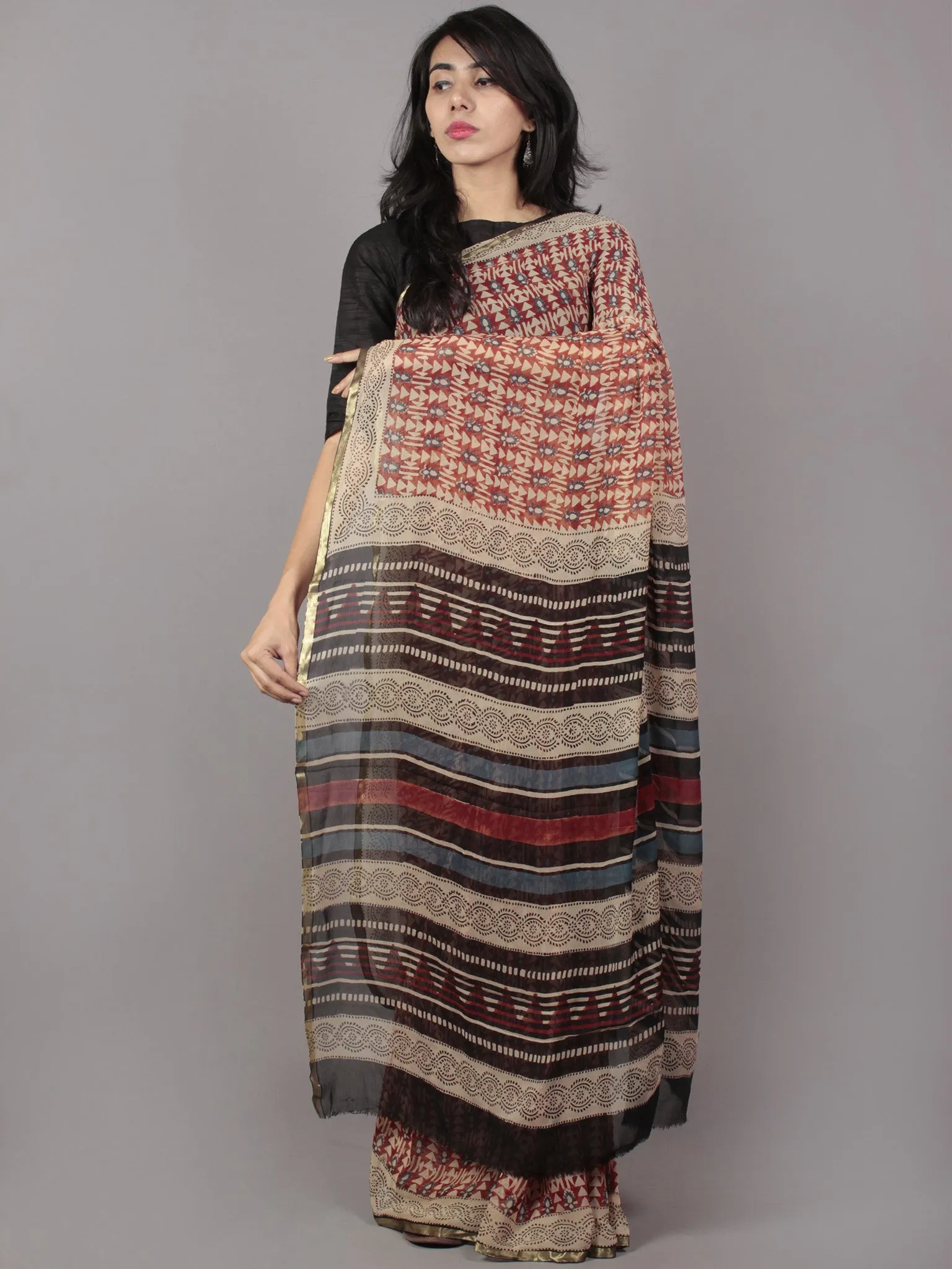 Beige Red Black Maroon Grey Hand Block Printed Chiffon Saree - S031701687