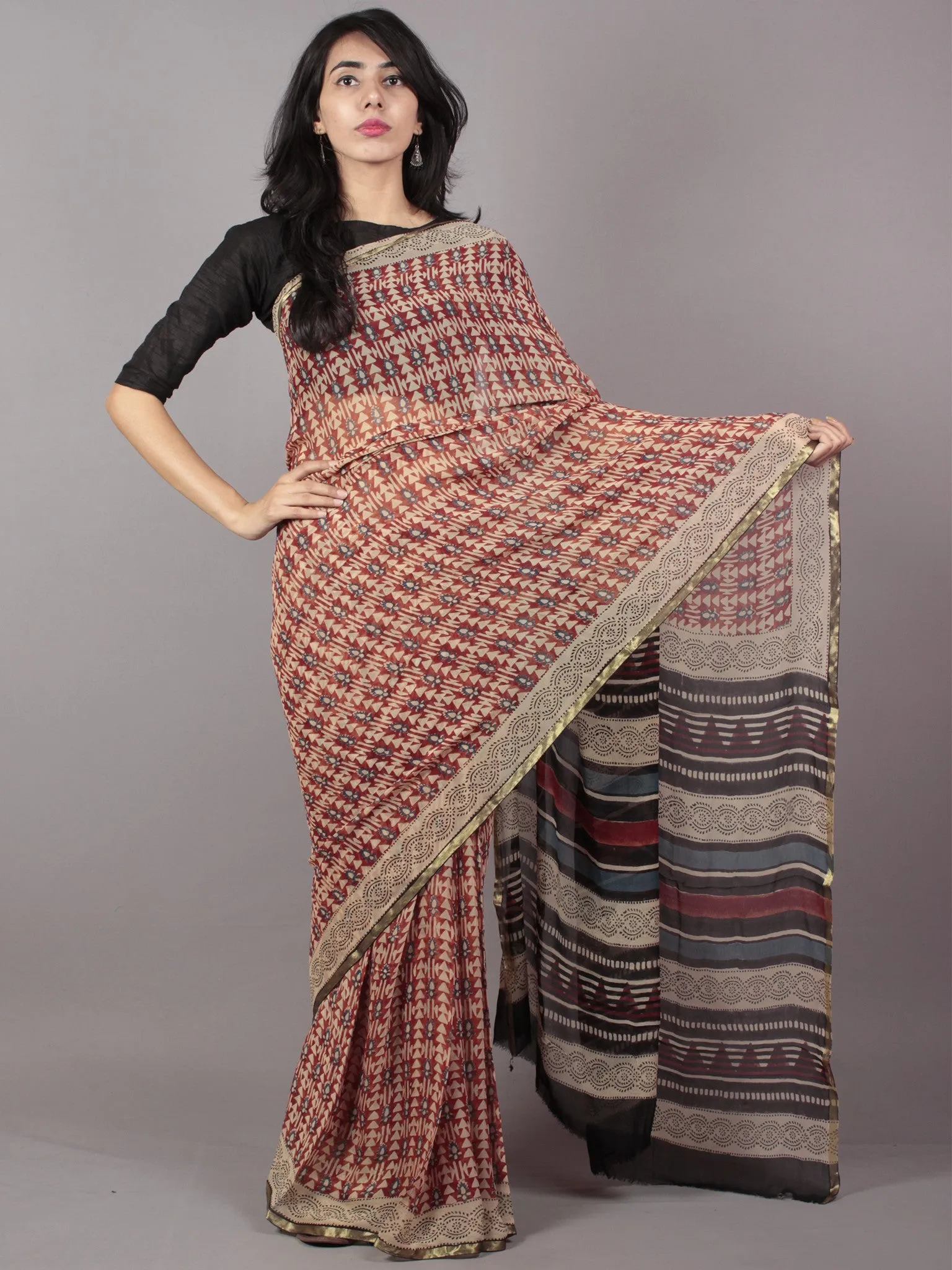 Beige Red Black Maroon Grey Hand Block Printed Chiffon Saree - S031701687