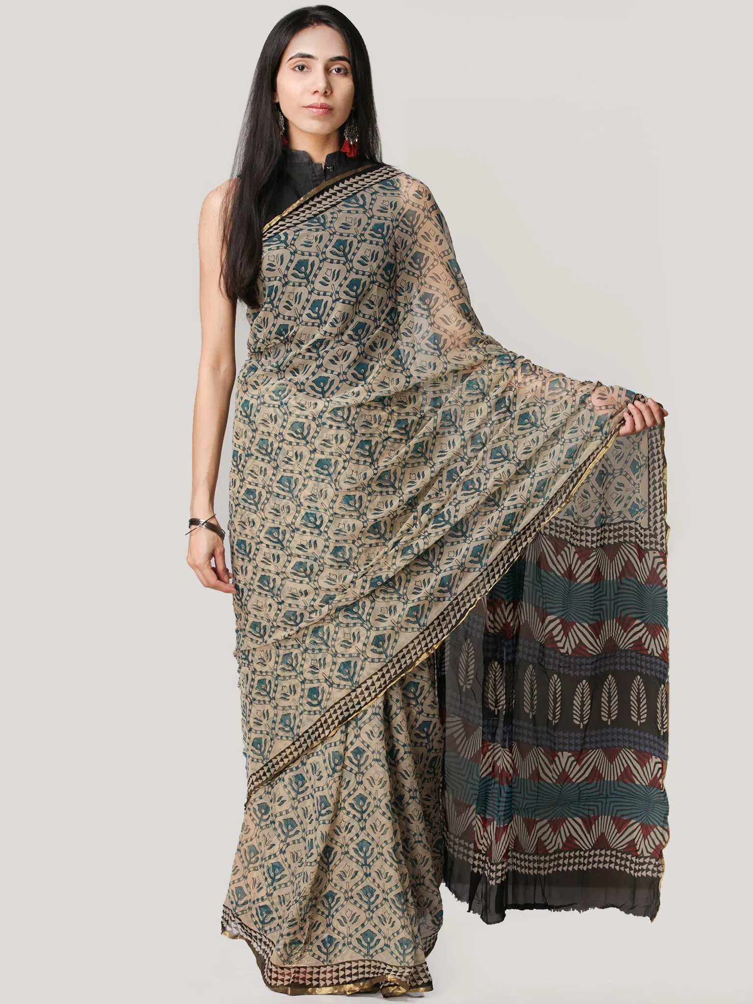 Beige Teal Blue Hand Block Printed Chiffon Saree With Zari Border - S031704690