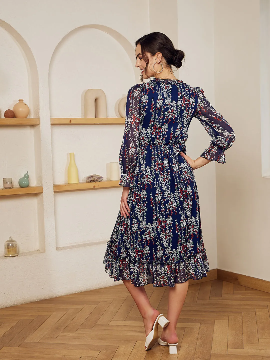 Berrylush Women Navy Blue, White, & Red Floral Printed V-Neck Bishop Sleeves Chiffon Flounce Hem Ruffled A-Line Midi Dress