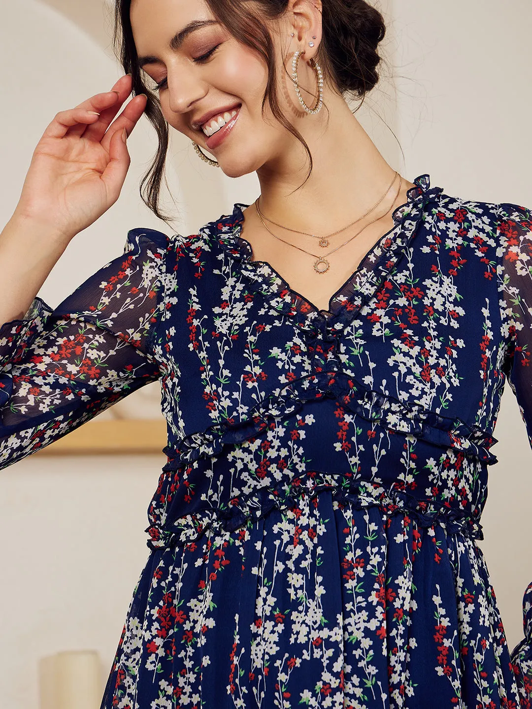 Berrylush Women Navy Blue, White, & Red Floral Printed V-Neck Bishop Sleeves Chiffon Flounce Hem Ruffled A-Line Midi Dress