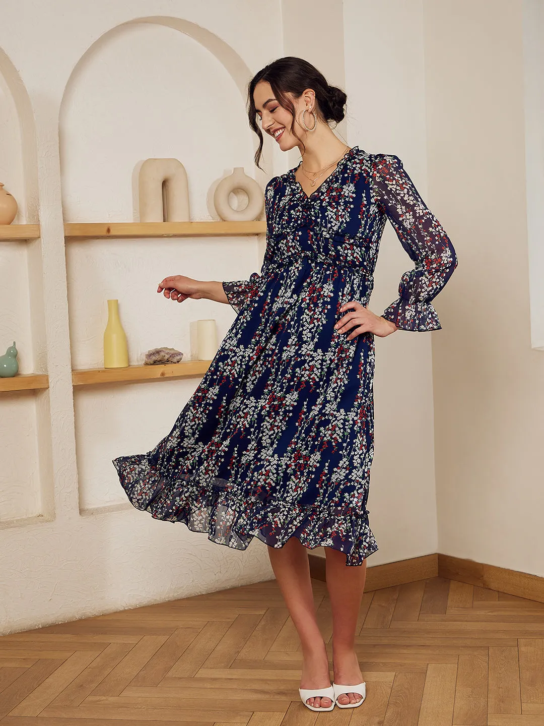 Berrylush Women Navy Blue, White, & Red Floral Printed V-Neck Bishop Sleeves Chiffon Flounce Hem Ruffled A-Line Midi Dress