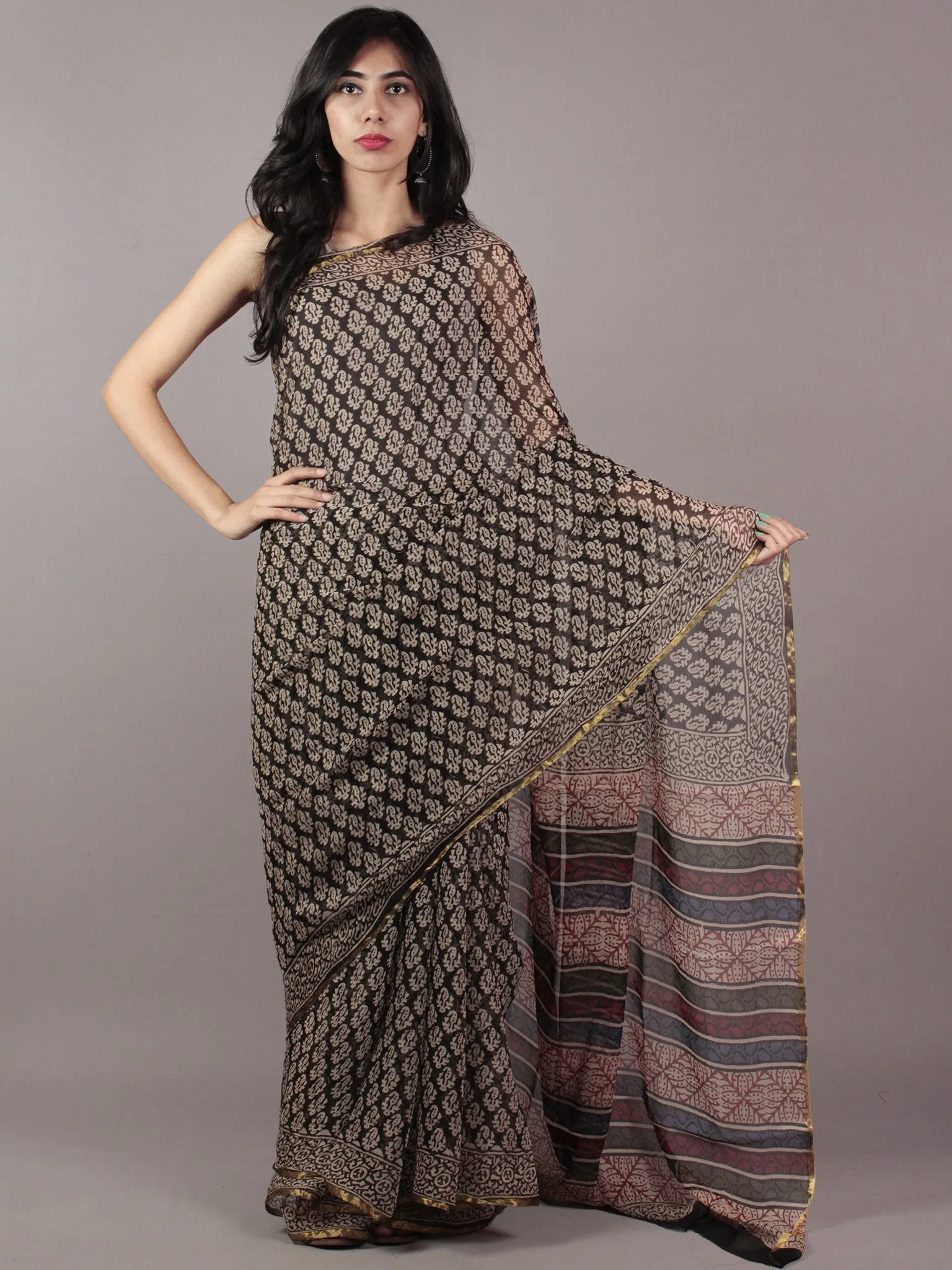 Black Beige Red Blue Hand Block Printed Chiffon Saree - S031701850