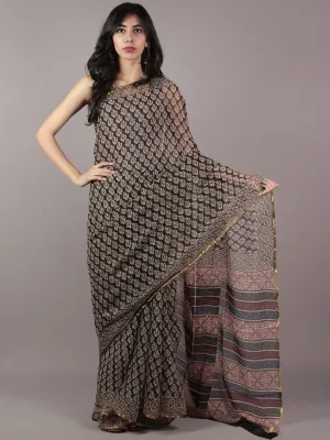 Black Beige Red Blue Hand Block Printed Chiffon Saree - S031701850