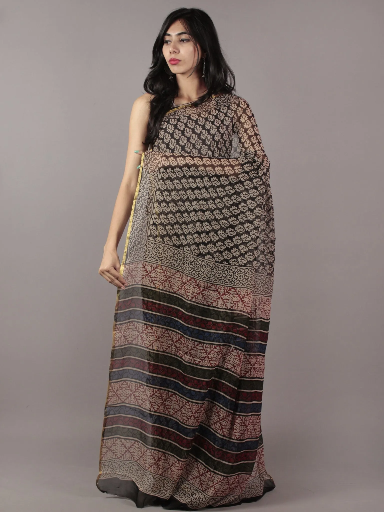 Black Beige Red Blue Hand Block Printed Chiffon Saree - S031701850