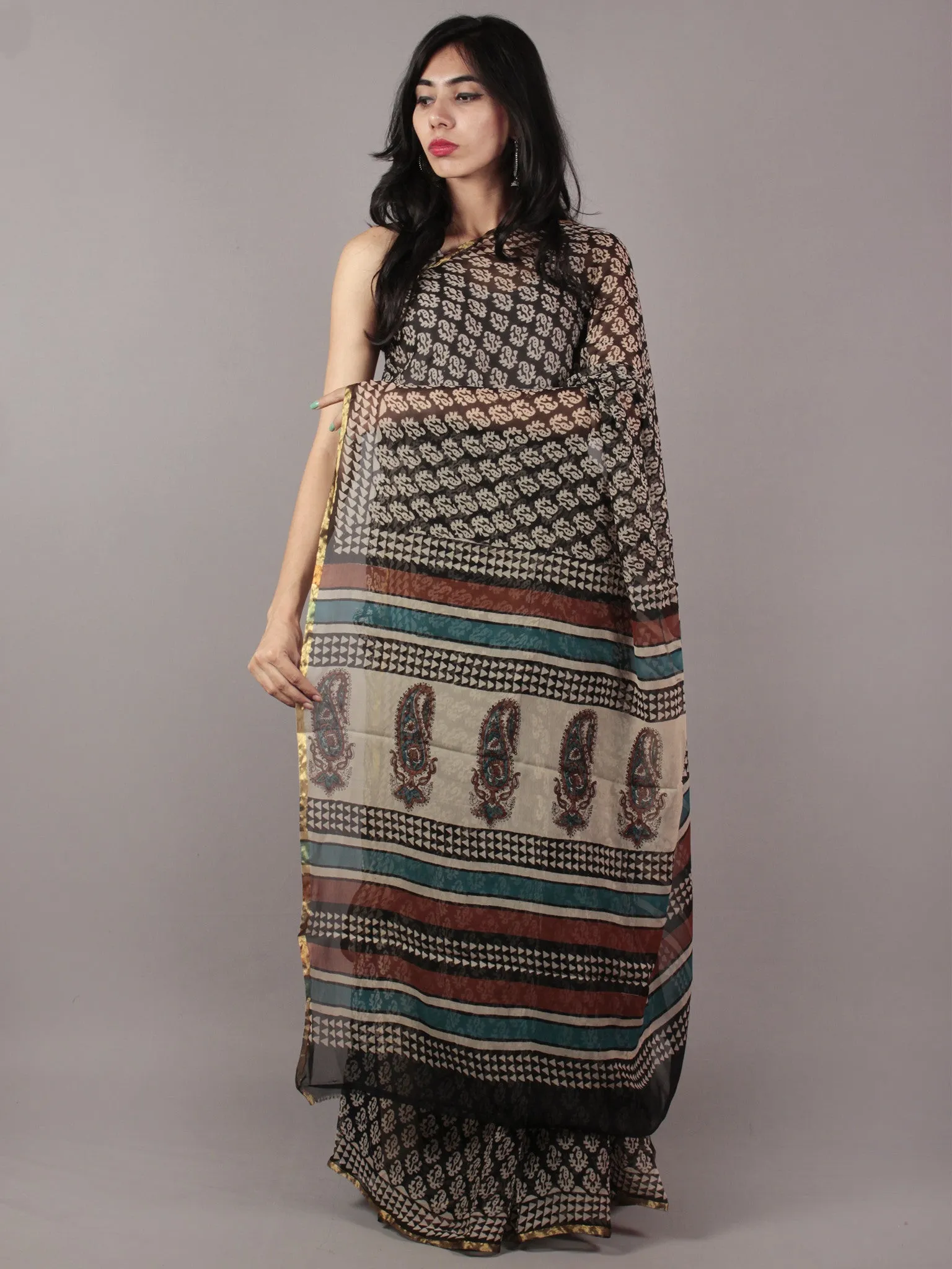 Black Beige Red Hand Block Printed Chiffon Saree - S031701863