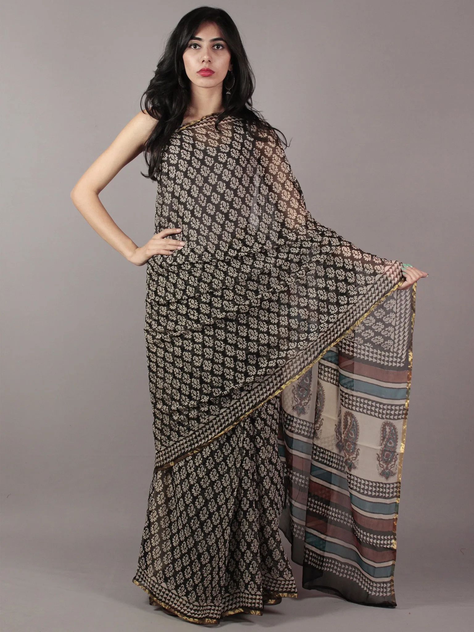 Black Beige Red Hand Block Printed Chiffon Saree - S031701863