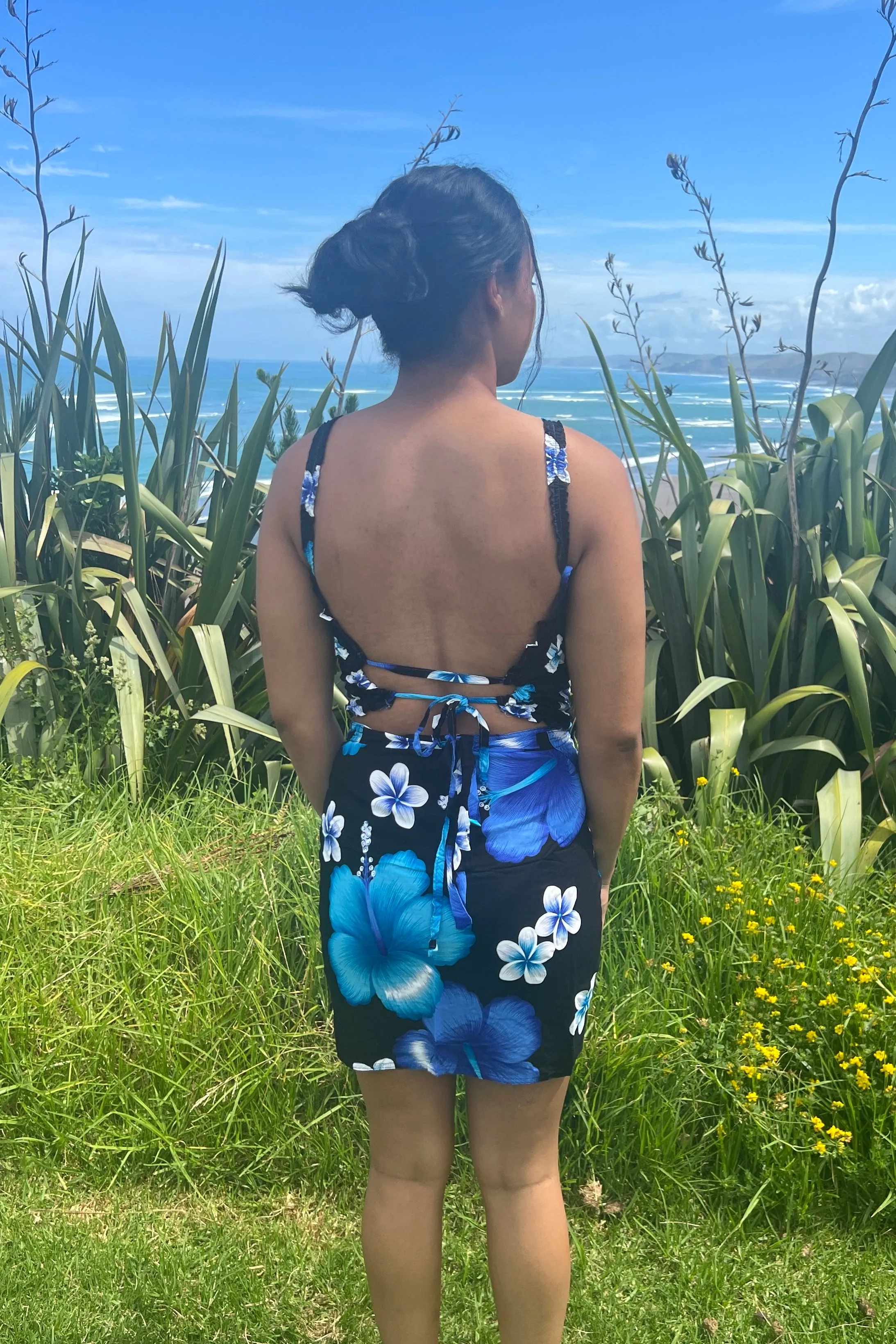 Black Frangipani Hibiscus Sarong Set