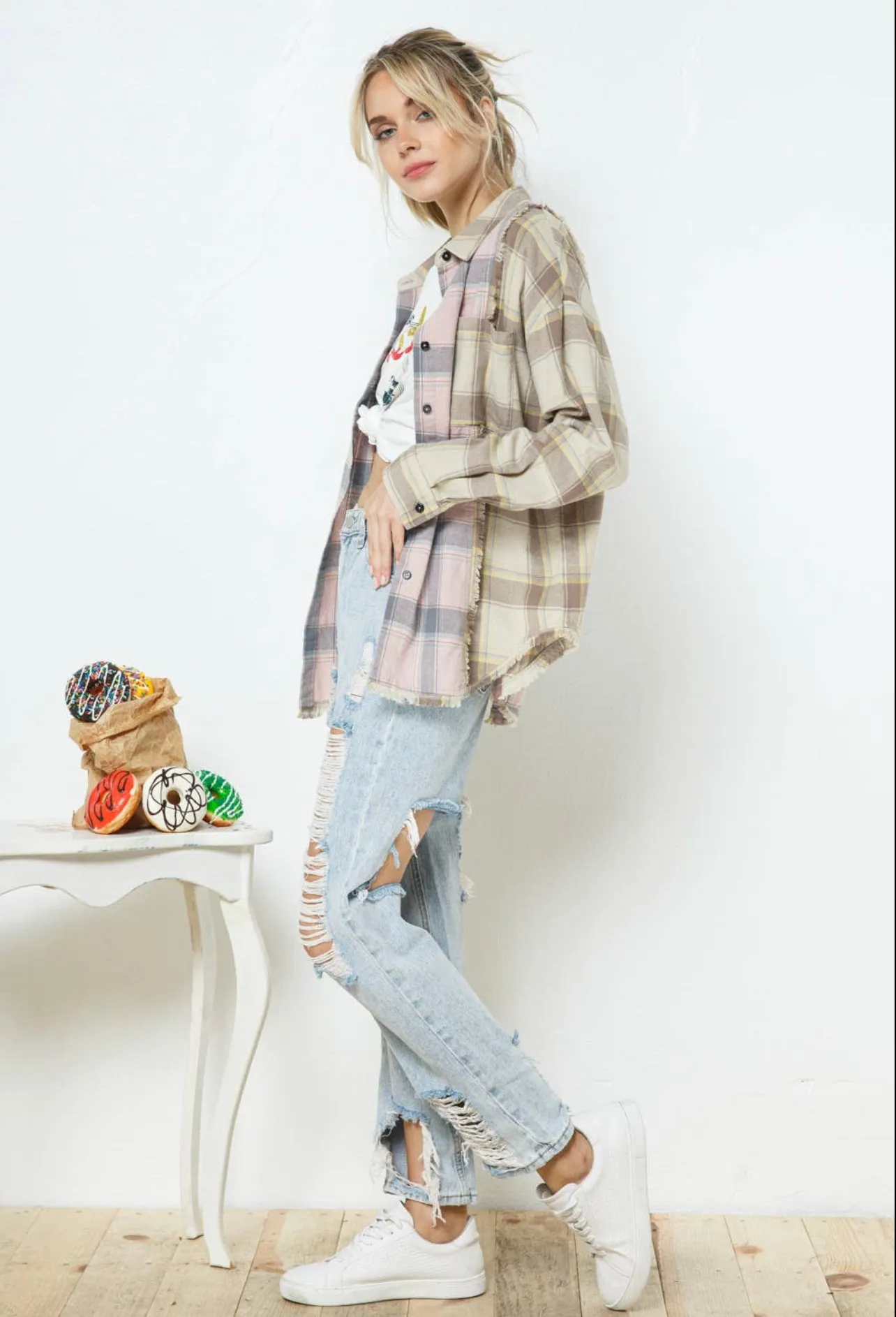 Blue B Mixed Media Spring Plaid Boyfriend Shirt