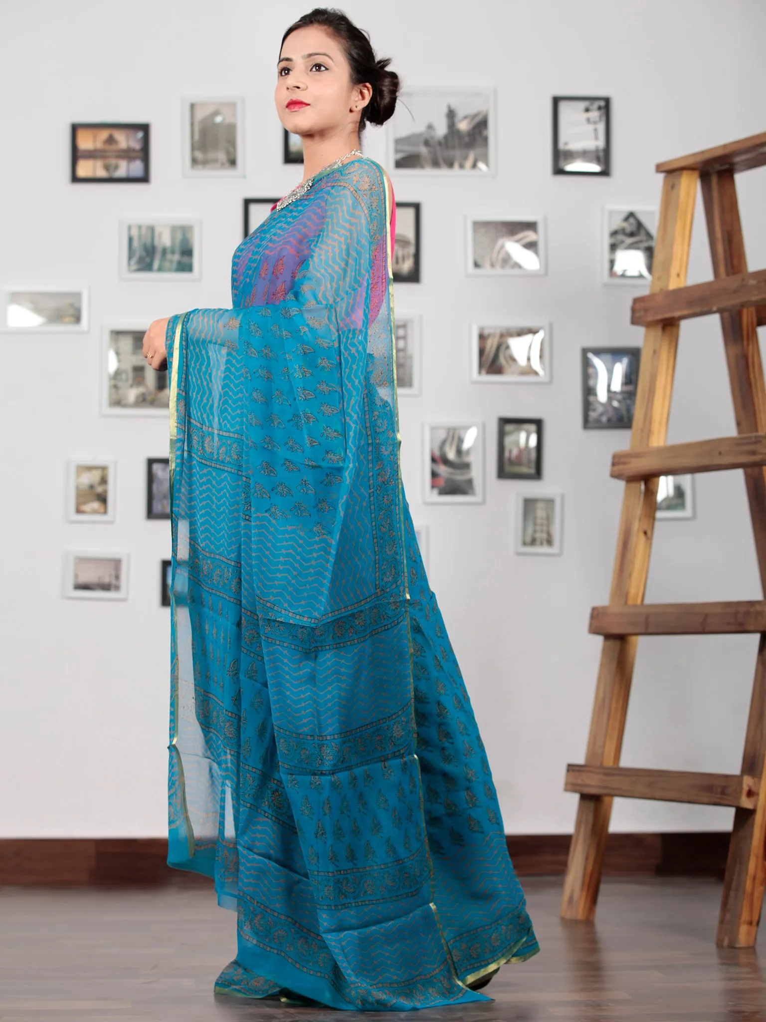 Blue Mustard Hand Block Printed Chiffon Saree with Zari Border - S031702758