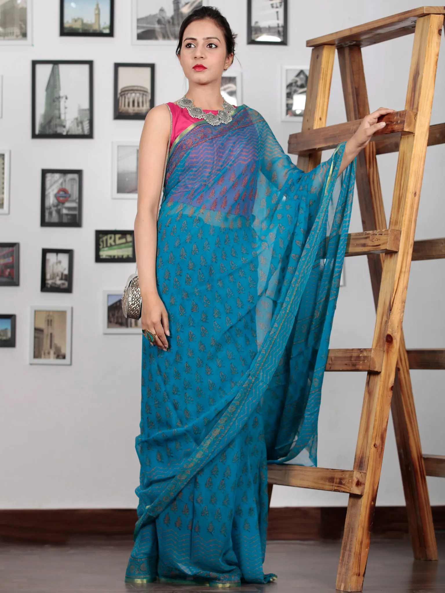 Blue Mustard Hand Block Printed Chiffon Saree with Zari Border - S031702758