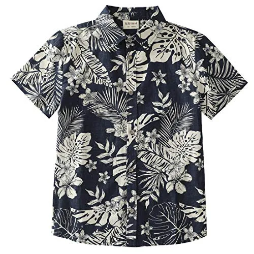 Boy Short Sleeve Navy Leaves Allover Print Shirt