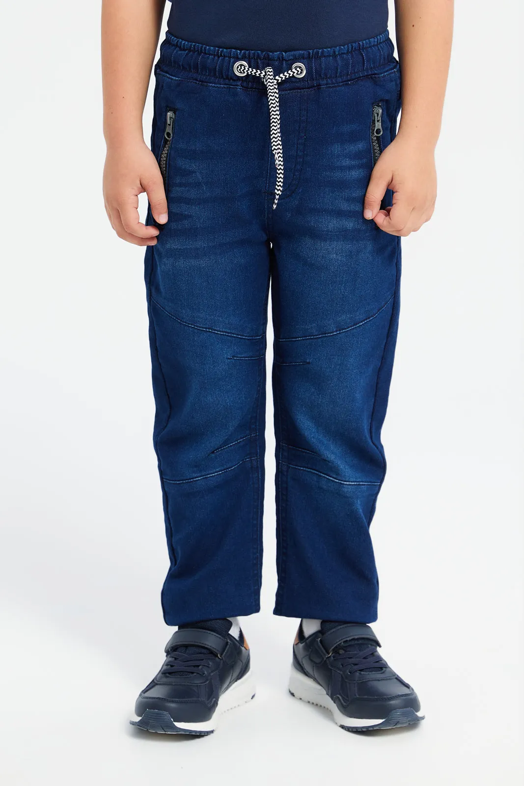 Boys Navy Zip Pocket Knit Denim Joggers