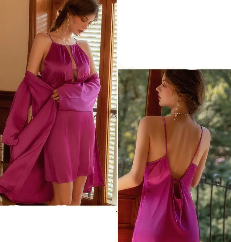 Bridal V-Neck Wedding Satin 2 Piece Nightdress