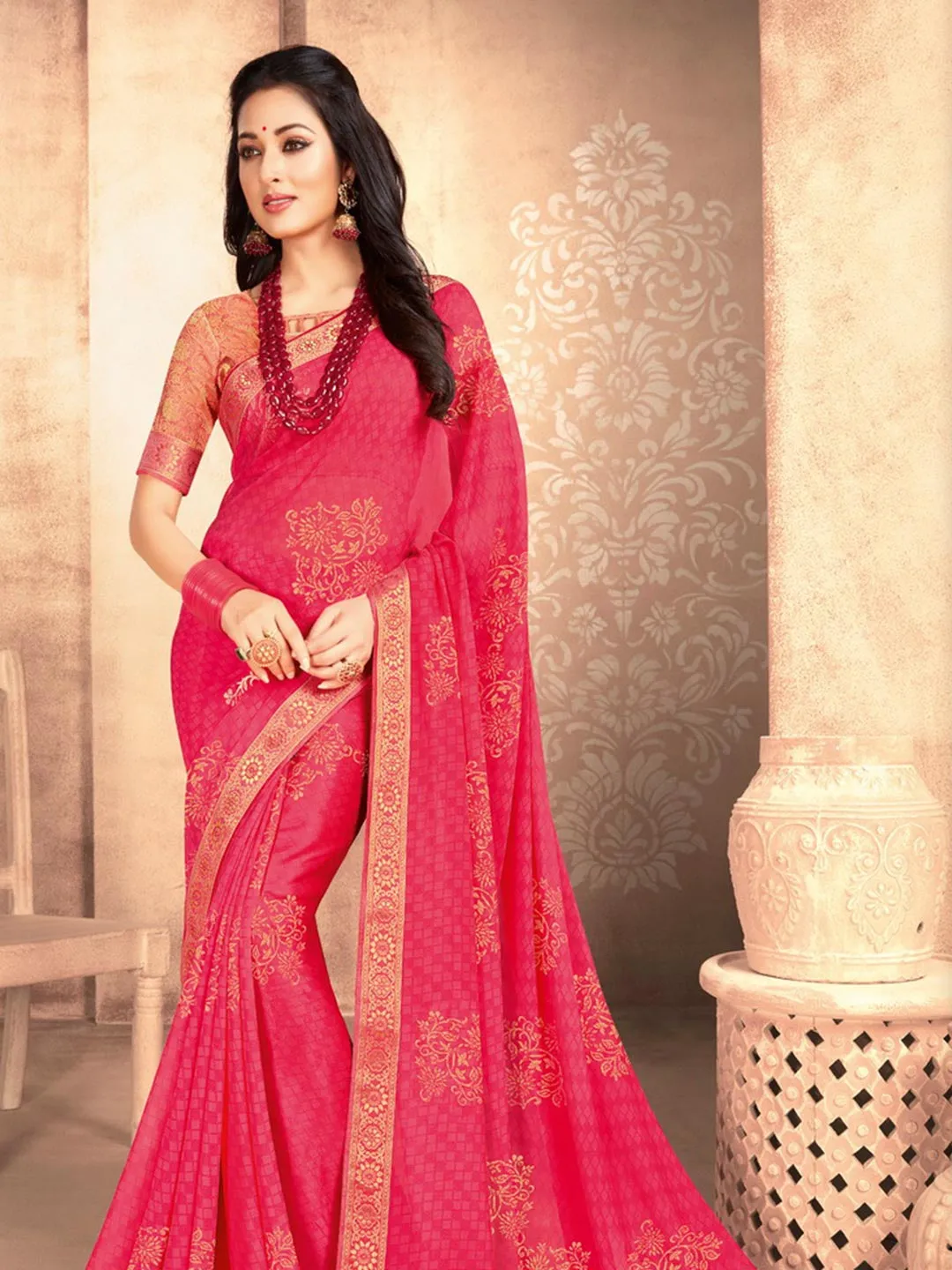 Bright Pink Classic Chiffon Saree With Minimal Golden Border