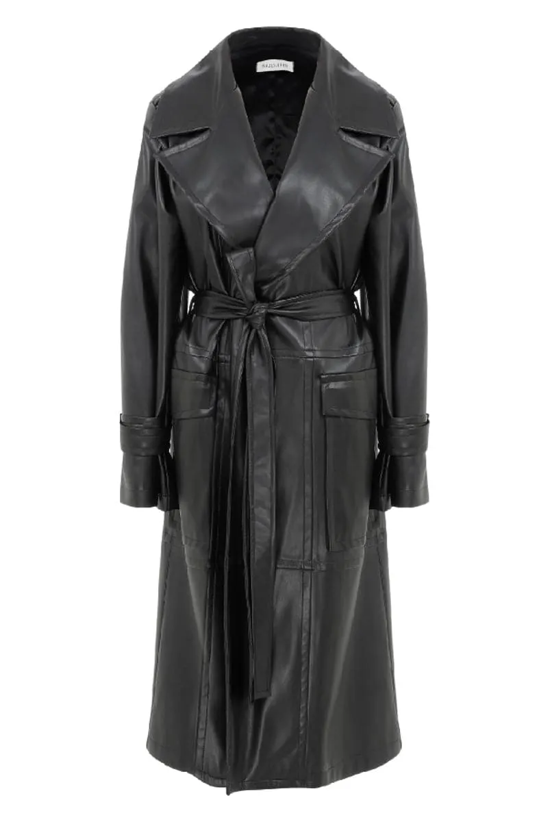 CECILE NOIR VEGAN LEATHER TRENCH COAT