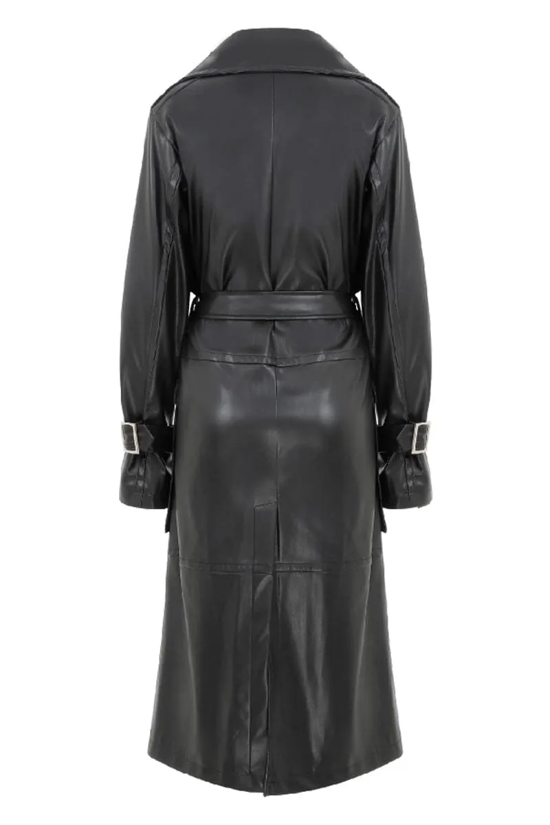 CECILE NOIR VEGAN LEATHER TRENCH COAT