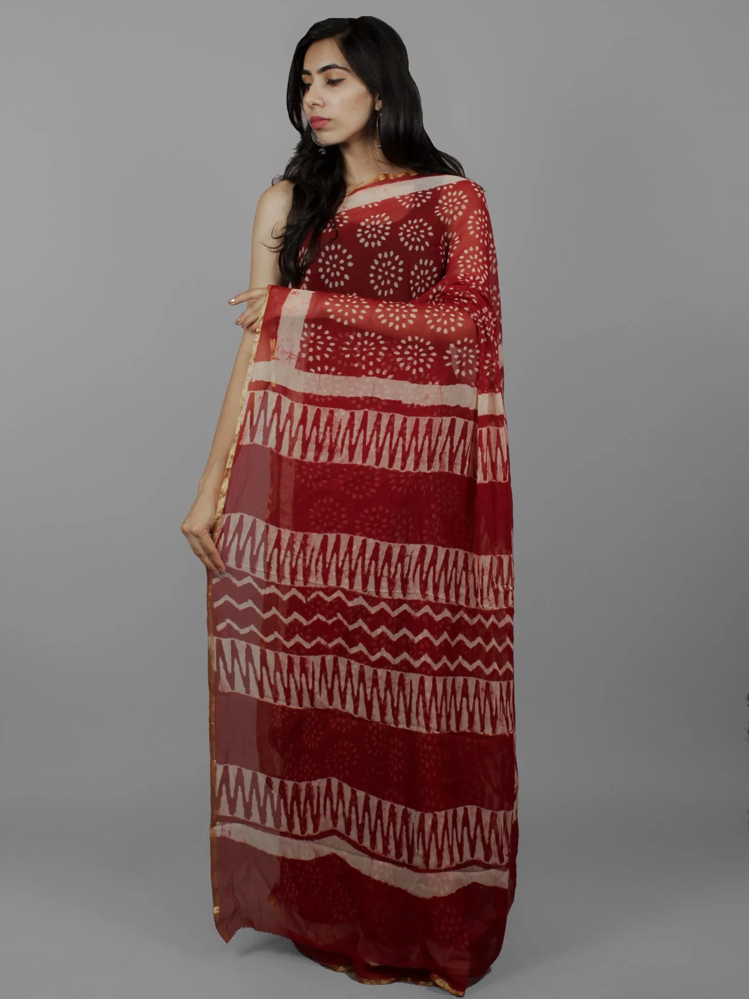 Cherry Red Ivory Hand Block Printed Chiffon Saree - S031702083