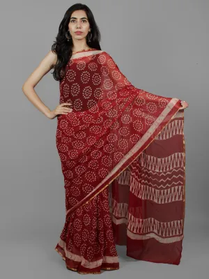 Cherry Red Ivory Hand Block Printed Chiffon Saree - S031702083