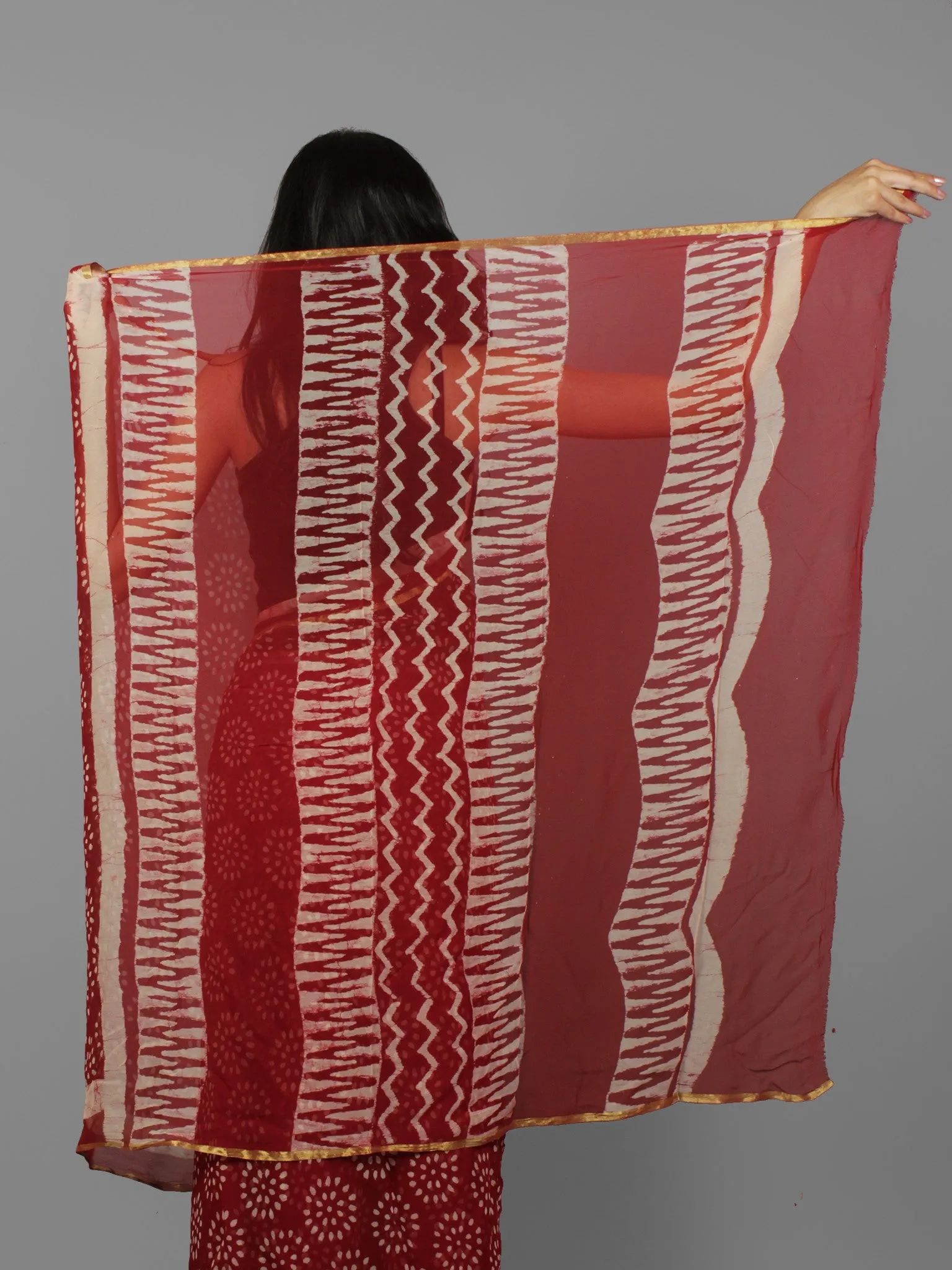 Cherry Red Ivory Hand Block Printed Chiffon Saree - S031702083