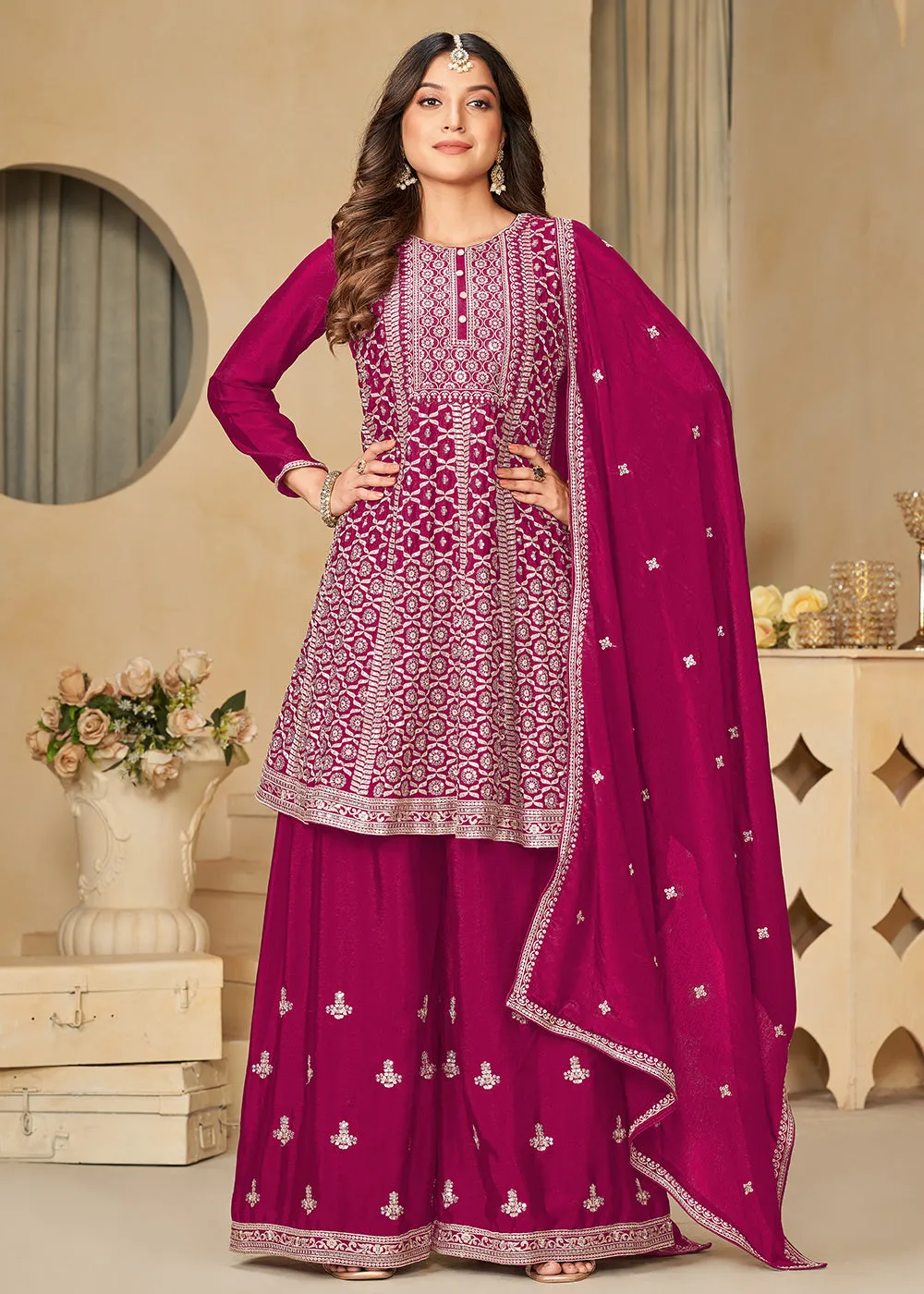 Chinnon Rani Pink Embroidered Palazzo Salwar Suit