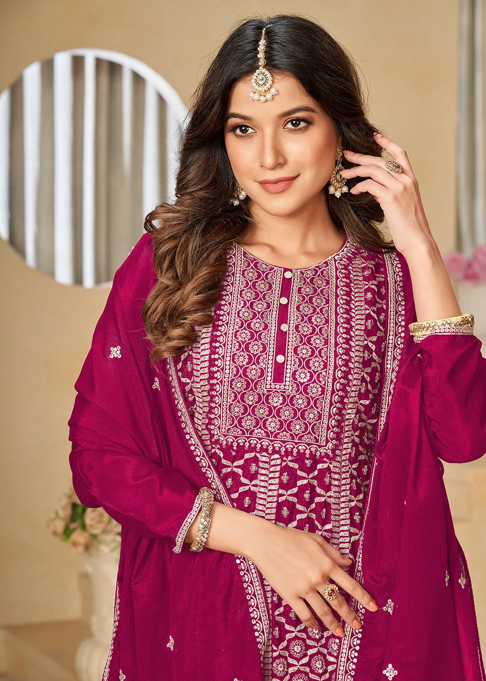 Chinnon Rani Pink Embroidered Palazzo Salwar Suit