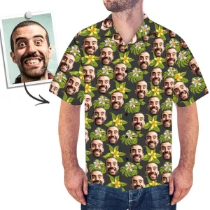 Custom Face Hawaiian Shirt for Men Star Face Green Flowers Summer Beach