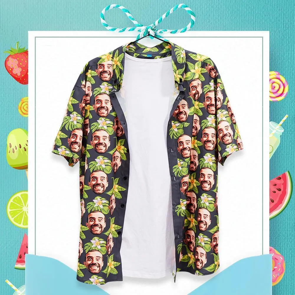 Custom Face Hawaiian Shirt for Men Star Face Green Flowers Summer Beach