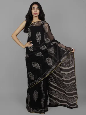 Dark Indigo Ivory Hand Block Printed Chiffon Saree - S031702102