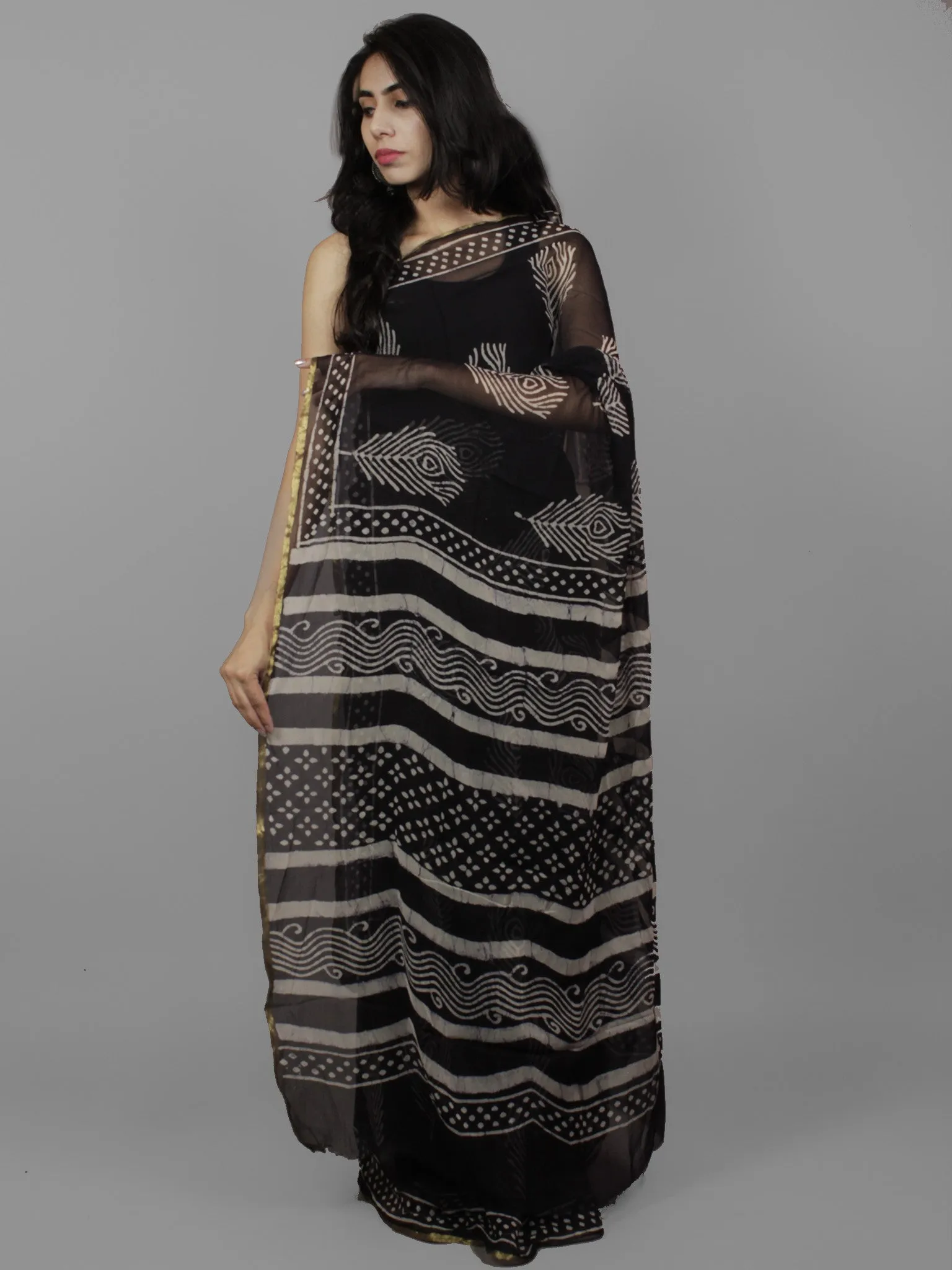 Dark Indigo Ivory Hand Block Printed Chiffon Saree - S031702102