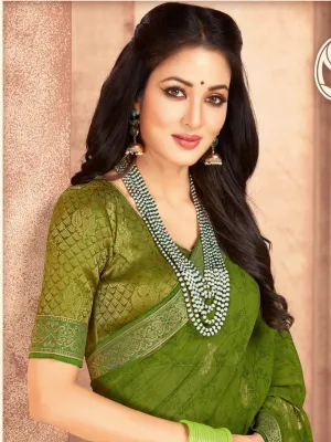 Dark Olive Green Aesthetic Chiffon Saree With Minimal Golden Print & Border