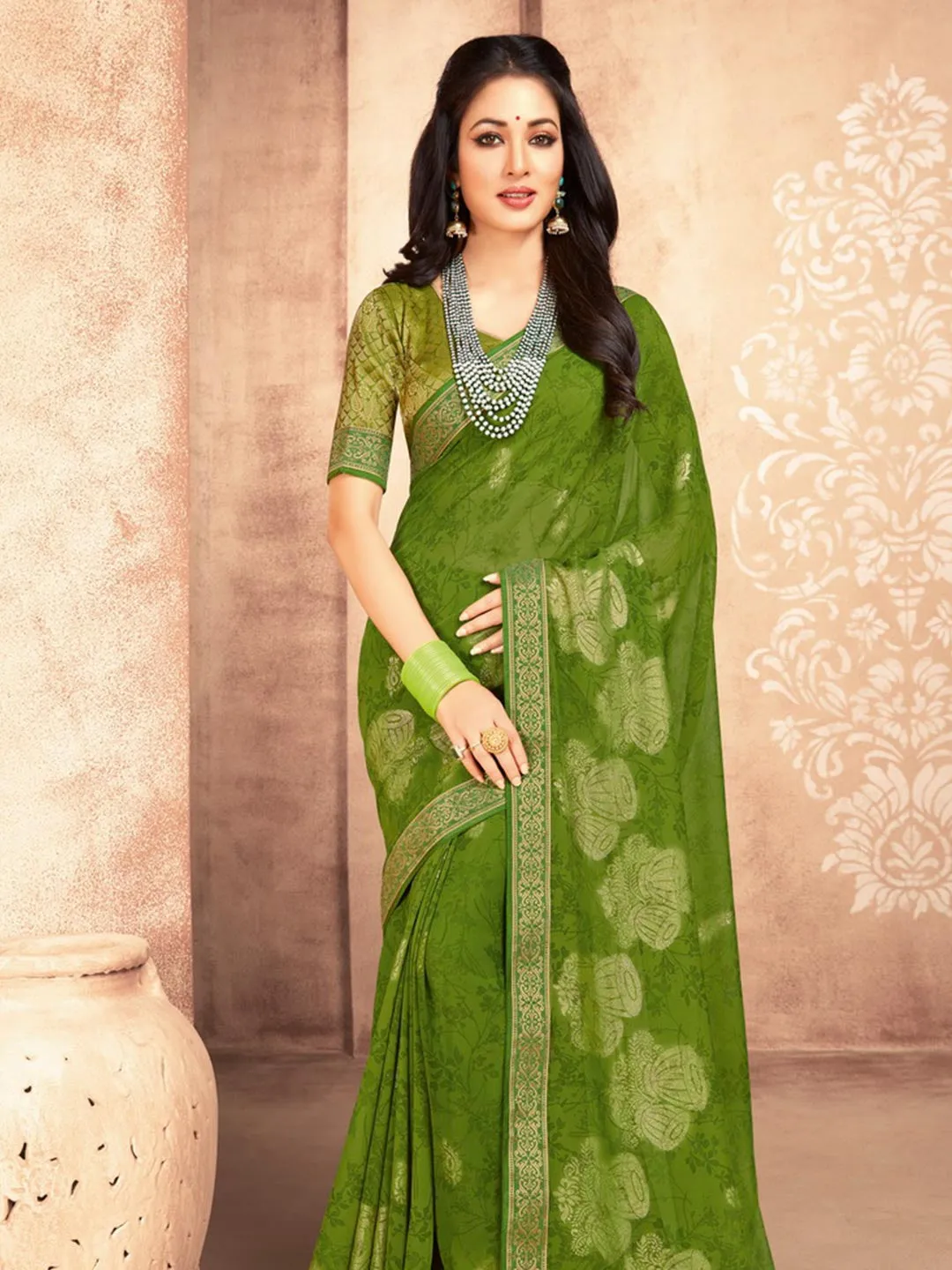 Dark Olive Green Aesthetic Chiffon Saree With Minimal Golden Print & Border