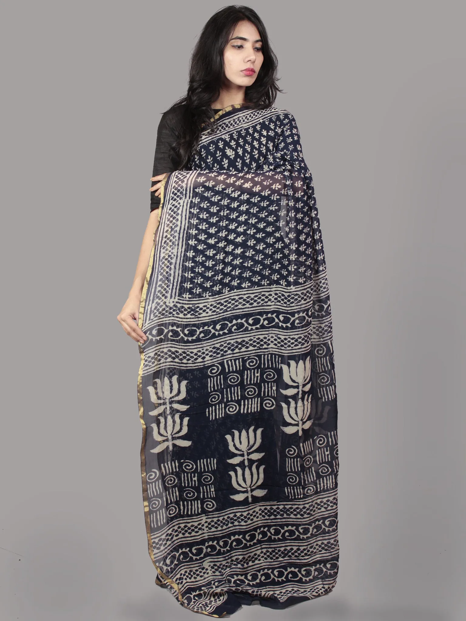 Deep Indigo Ivory Hand Block Printed Chiffon Saree - S031701666