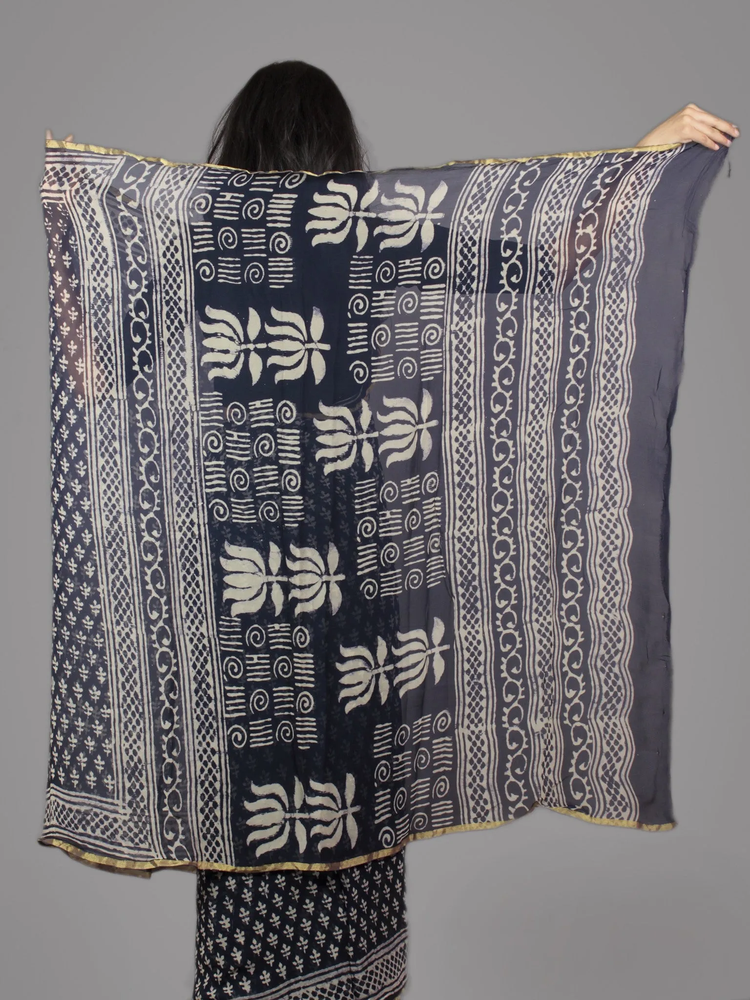 Deep Indigo Ivory Hand Block Printed Chiffon Saree - S031701666