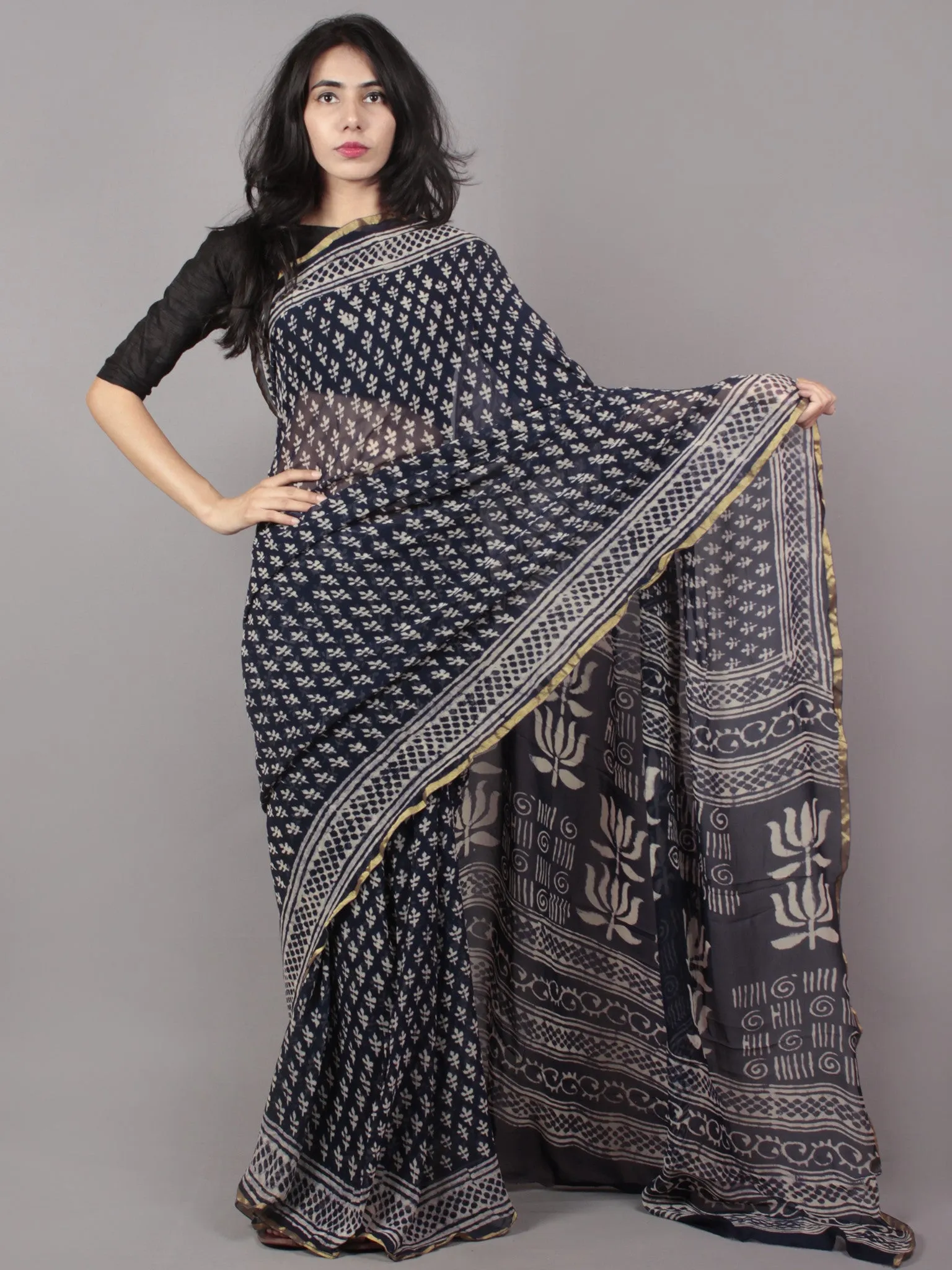 Deep Indigo Ivory Hand Block Printed Chiffon Saree - S031701666