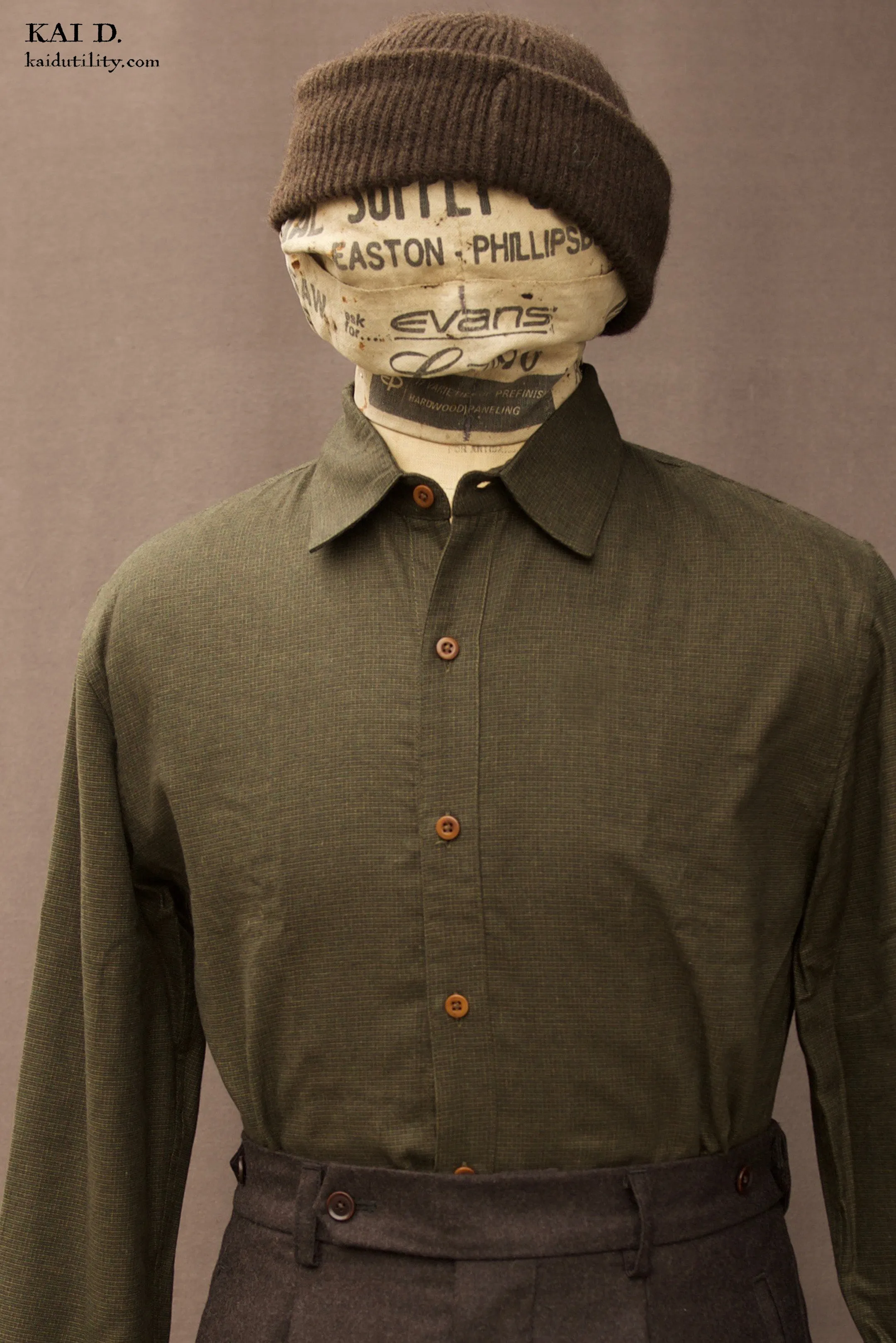 Delancey Shirt - Green Cotton Tencel Microcheck - S, M